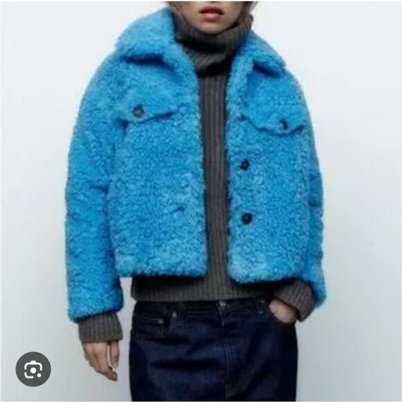 NWOT ZARA | Oversized Teddy Jacket Faux Fur Blue Sz S - Picture 1 of 8